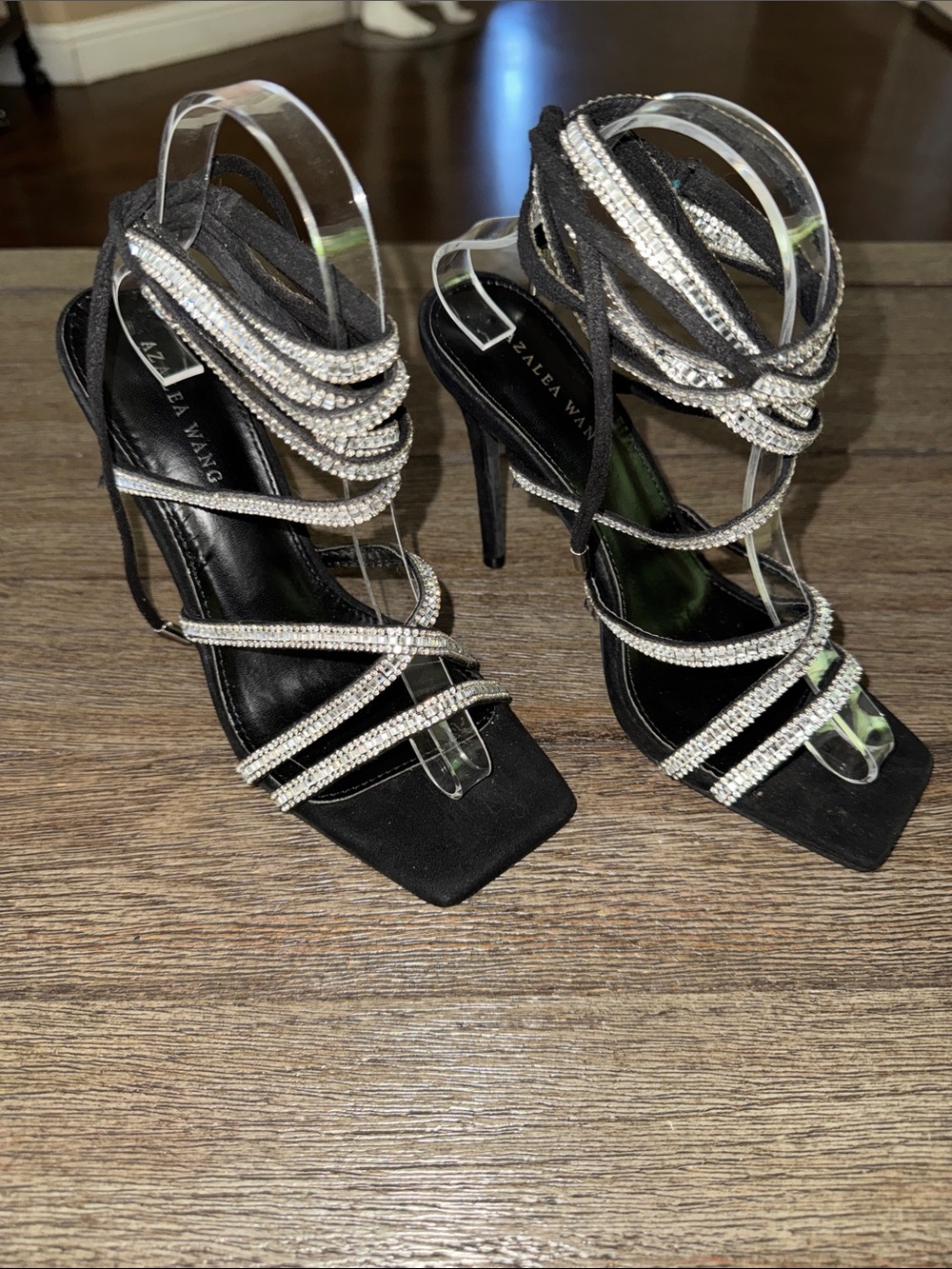 Azalea Wang Lunarlight Lace Up Calf High Bling Sandal Heels Black